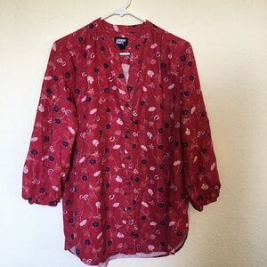 Lands' End women's red floral button down tunic top. Size M ( 10-12)